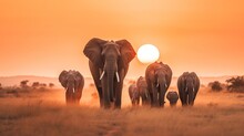  A Herd Of Elephants Walking Across A Dry Grass Field At Sunset With The Sun In The Background And A Few Trees In The Foreground.  Generative Ai