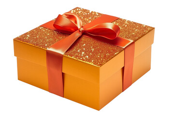 Wall Mural - Orange gift box with ribbon on transparent background. Generative AI illustration