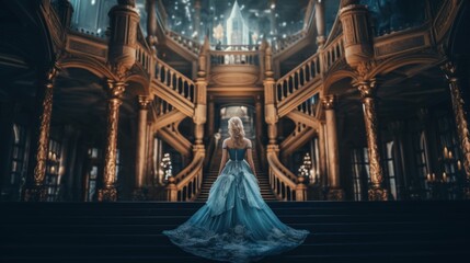 Poster - A woman in a blue dress is standing on some stairs. Generative AI image.