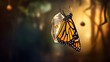  a monarch butterfly is hanging from a clear glass lantern in a dark room with a yellow light shining on the wall and a tree behind it.  generative ai