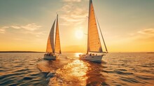 Two Sailboats Sailing In The Ocean At Sunset. Generative AI Image.