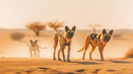  a group of three dogs standing on top of a sandy beach next to trees and bushes in the distance are two of them looking at the same dog.  generative ai