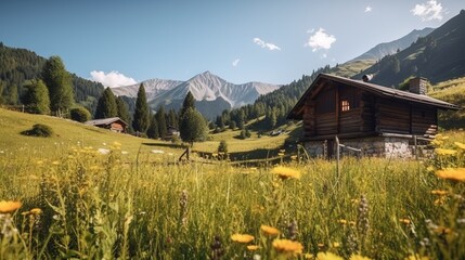 Poster -  a house in a field with mountains in the backgrouds of the mountains in the distance, with a person walking in the foreground.  generative ai