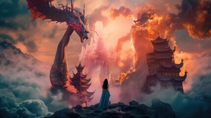 Wall Mural - A woman standing on top of a mountain next to a dragon. Generative AI image.