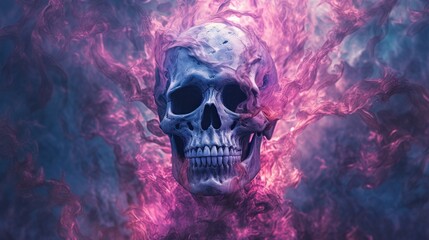 Canvas Print - A skull with pink smoke in the background. Generative AI image.