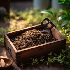 freshly scooped Hojicha tea leaves in a traditional Japanese wooden container, with a bamboo scoop and a serene garden backdrop