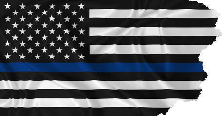 Police flag with thin blue line and torn edges