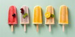 Assortment of different fruit popsicles on stick isolated on green background, top view. Tasty ice creams in a row with mint leaves and berry, copy space. Generative AI professional photo imitation.