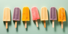 Rainbow colors Assortment of different fruit popsicles on stick isolated on green background, top view. Tasty ice creams in a row with copy space. Generative AI professional photo imitation.