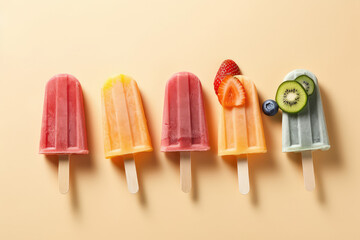 Wall Mural - Assortment of different fruit popsicles on stick isolated on beige background, top view. Tasty ice creams in a row with kiwi, berry, copy space. Generative AI professional photo imitation.