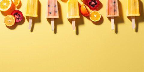 Wall Mural - Assortment of different fruit popsicles on stick isolated on yellow background, top view. Tasty ice creams in a row with exotic fruit, copy space. Generative AI professional photo imitation.