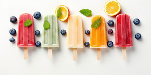 Wall Mural - An assortment of different fruit popsicles on a stick isolated on a white background, top view. Tasty ice creams with mint leaves and berries, copy space. Generative AI professional photo imitation.