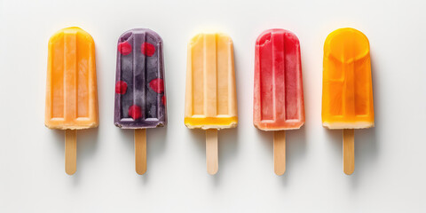 Wall Mural - An assortment of different fruit popsicles on a stick isolated on a white background, top view. Tasty ice creams in a row with berry, copy space. Generative AI professional photo imitation.