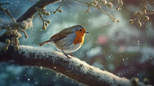European Robin Or Robin Redbreast Songbird In Snowy Weathe In Winter.Beautiful Festive Scene,  Created Using Generative AI Tools.