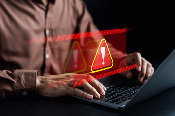 system warning caution sign for notification error and maintenance concept. cyber attack on computer