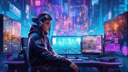 Depict a skilled cyberpunk hacker in a futuristic setting, surrounded by holographic interfaces, intricate code, and virtual reality elements