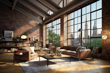 A living room filled with furniture and large windows. Generative AI. Urban loft, moden live work unit.