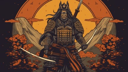 Fierce samurai warrior in traditional armor, wielding a katana and exuding an aura of honor and determination