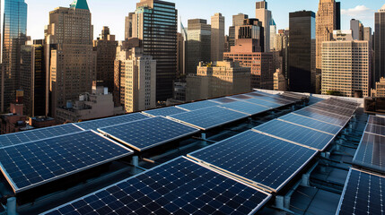 Photo of a photovoltaic system on rooftop city buildings,  New York, view from top, ai - generated, sustainable energy