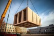 Modular Wood Construction: Berlin Office Building Takes Shape as Crane Lifts Wooden Module into Framework, Generative AI.
