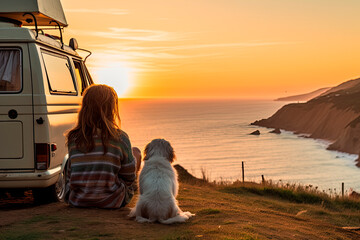 Wall Mural - Girl is sitting on a hill with her dog and looking at the ocean sunset beside her camper. Generative AI