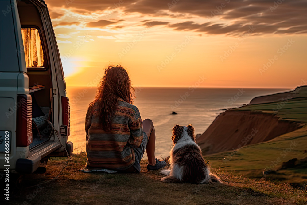 Girl is sitting on a hill with her dog and looking at the ocean sunset ...