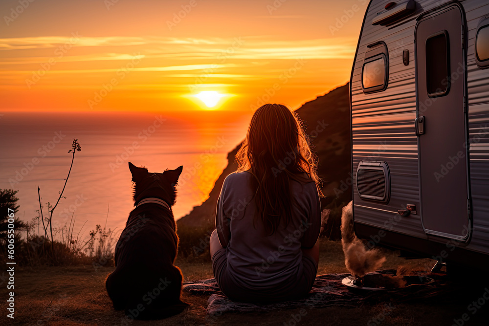 Girl is sitting on a hill with her dog and looking at the ocean sunset ...