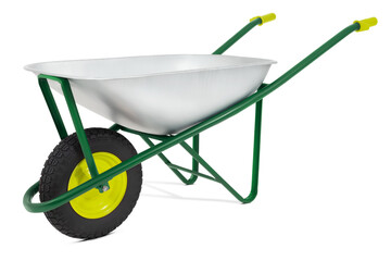 Wall Mural - Wheelbarrow isolated on white background. Gardening equipment tool for vegetable garden work or lawn and plant care. Spring concept, advertising banner for online shopping commerce