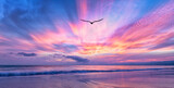 Fototapeta Zachód słońca - Bird Flying Sunset Flight Inspirational Soaring Hope Ocean Beautiful Sunrise Divine Silhouette