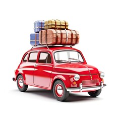 Funny retro car with suitcases, isolated white. Generative AI