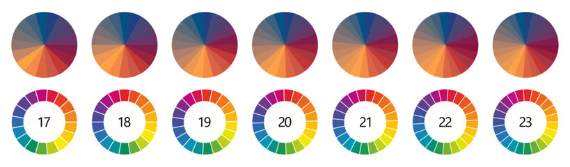 circle shape divided into colorful segments, version with 17 to 23 parts, can be used as infographic