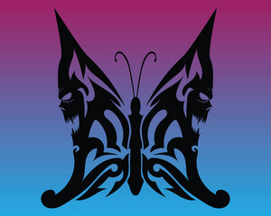 Poster - vector design of a tattoo or symbol of a black butterfly with wings in the form of a monster's face and head respectively on a mixed purple and blue background