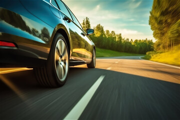 Car rushes along the highway at sunset , low angle side view