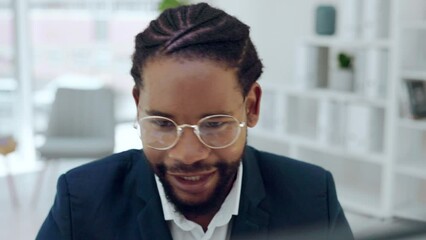 Sticker - Business man, face and reading on computer for research, planning project and email in office. Black male employee working with glasses at desktop for data insight, website analysis or online network