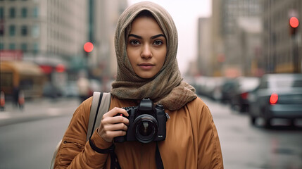 The Beauty of Diversity: A Muslim Hipster Girl Traveler Capturing City Life with a Camera, generative ai