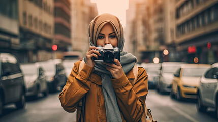 The Beauty of Diversity: A Muslim Hipster Girl Traveler Capturing City Life with a Camera, generative ai