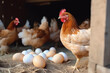 Hen lays eggs at a chicken coop in a group of chickens at a bio farm. Chicken eggs in hen house. Hens in hen house.  AI