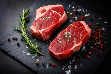 Raw steak on a slate. Two raw steaks on a dark shale background. Slice of meat with salt, pepper and herbs, generative ai 