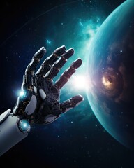  a robot hand in space with earth in the background