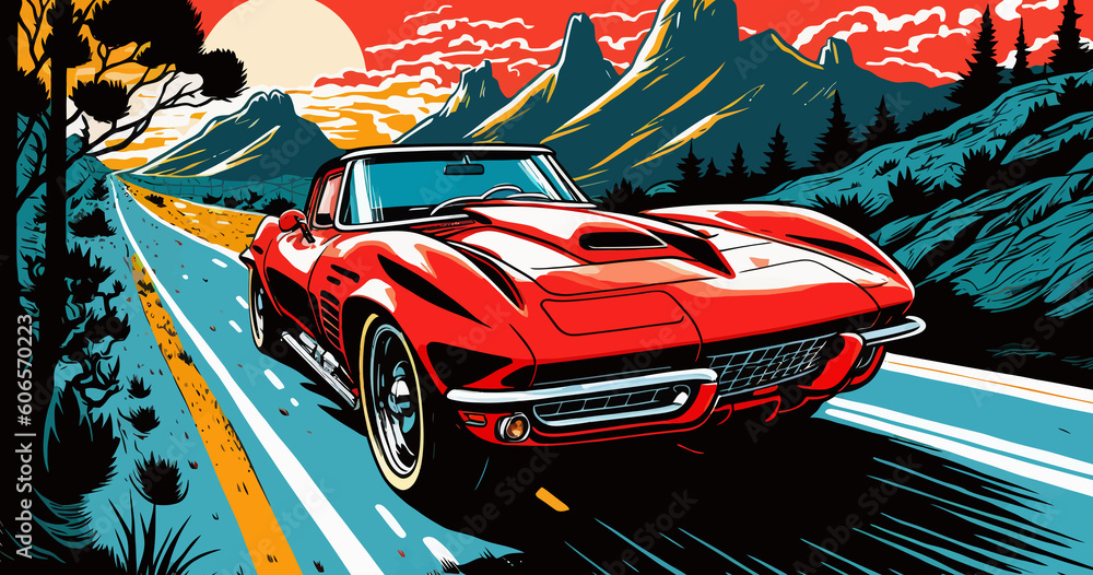 Retro race car on road and colorful background. Comic book style Stock ...