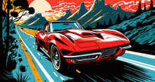 Retro Race Car On Road And Colorful Background. Comic Book Style