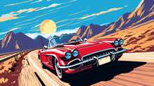 Retro Race Car On Road And Colorful Background. Comic Book Style