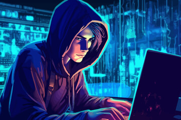 Hacker in hoodie breaking into data server dark theme.