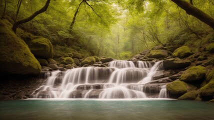 Wall Mural - An Illustration Of A Harmoniously Balanced Waterfall In A Forest AI Generative