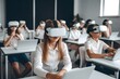 Interactive school concept of students using VR headset during lesson. Generative AI