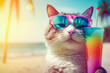 Cat wearing sunglasses with cocktail relaxing in the sea background. Hello summer. Generative AI