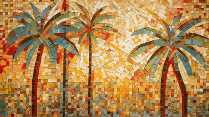 Sand-colored background with geometric pattern and palm trees