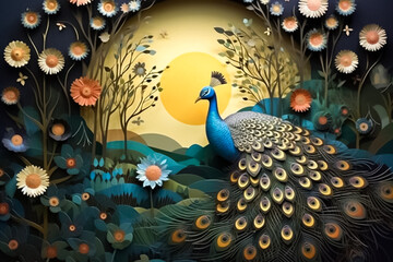 Naklejka na meble With expert precision and skillful artistry, this paper cut captures the enchanting beauty of Peacock in a nighttime forest, scheme of dark blue and gold. generative AI.