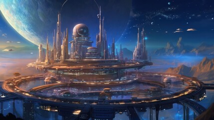 Wall Mural - massive space station orbiting a distant planet or a futuristic spaceport bustling with intergalacti