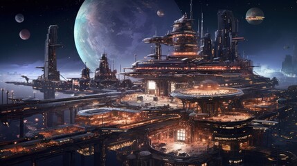 Wall Mural - massive space station orbiting a distant planet or a futuristic spaceport bustling with intergalacti